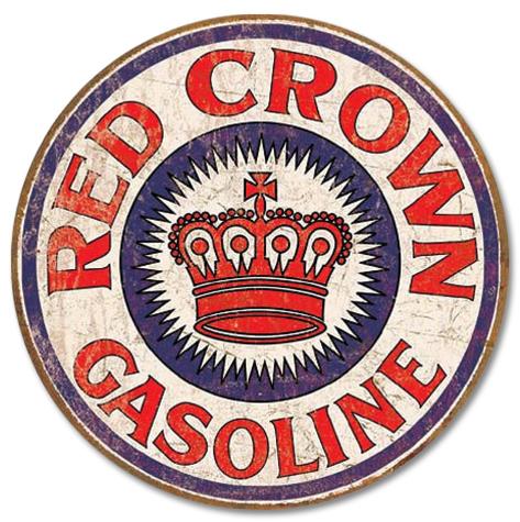 Tin Sign: Red Crown Gasoline Distressed Round