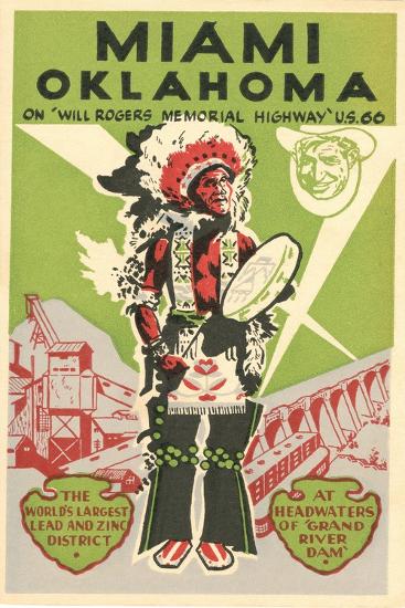 マイアミ・オクラホマ、トラベルポスター、プレーンズインディアン、ルート66　アメリカンインテリア ポスター / Miami, Oklahoma Travel Poster, Plains Indian, Route 66 Art Print
