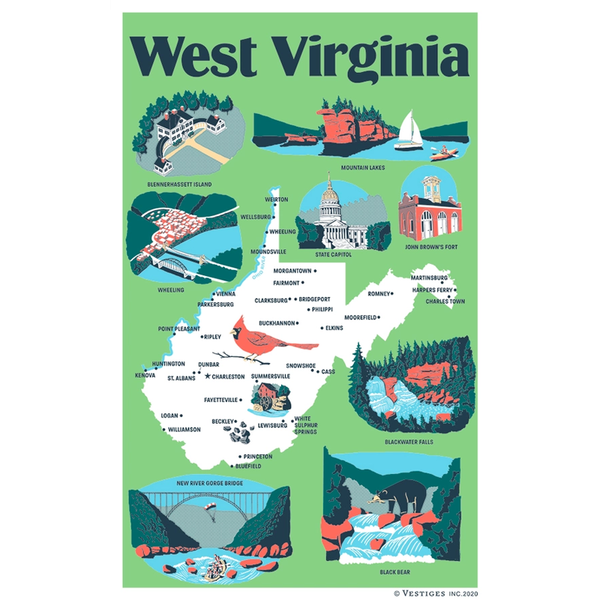 ウェストバージニア州のアイコン ティータオル / West Virginia State Icons Tea Towel
