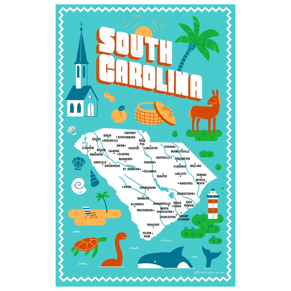 サウスカロライナ州のアイコン ティータオル / South Carolina State Icons Tea Towel