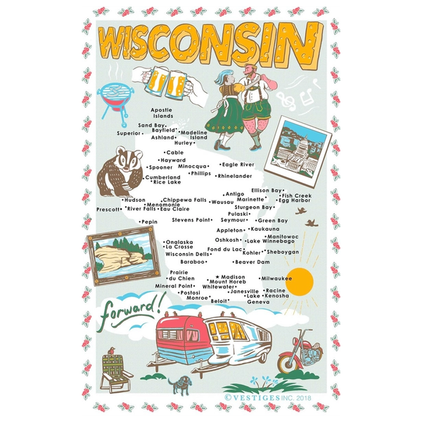 ウィスコンシン州のアイコン ティータオル / Wisconsin State Icons Tea Towel