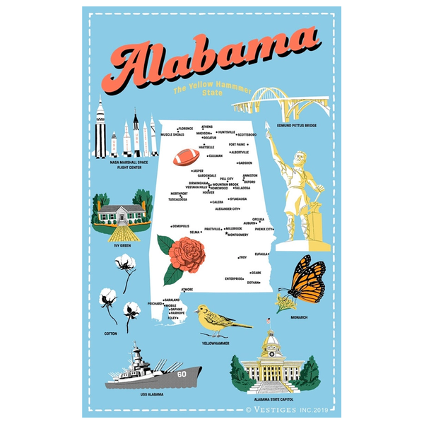 アラバマ州のアイコン ティータオル / Alabama State Icons Tea Towel