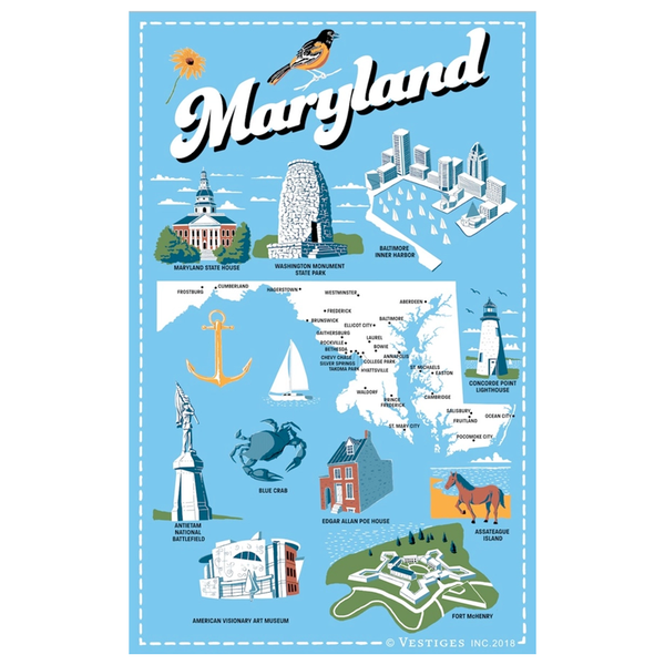 メリーランド州のアイコン ティータオル / Maryland State Icons Tea Towel