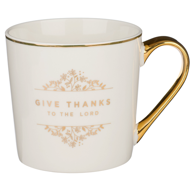 Christian Art Gifts Ceramic Mug for Men and Women with Gold Accents Give Thanks - Psalm 106:1 Inspirational Bible Verse, 14 Oz.