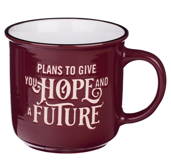 Christian Art Gifts Maroon Ceramic Camper Mug for Men and Women Hope and a Future - Jeremiah 29:11 Inspirational Bible Verse, 13 Oz.