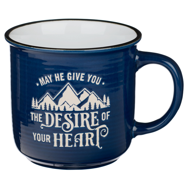 Christian Art Gifts Dark Blue Ceramic Camper Mug for Men and Women Desires of Your Heart - Psalm 20:4 Inspirational Bible Verse, 13 Oz