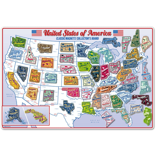 U.S. Premium State Magnet: 51-Piece Set, Made in the USA & Metal Display Board